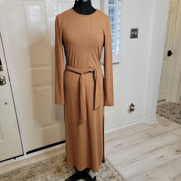 Topshop Tan Ribbed Long Sleeve Midi Dress with Waist Tie | Size 10 - Picture 2 of 12